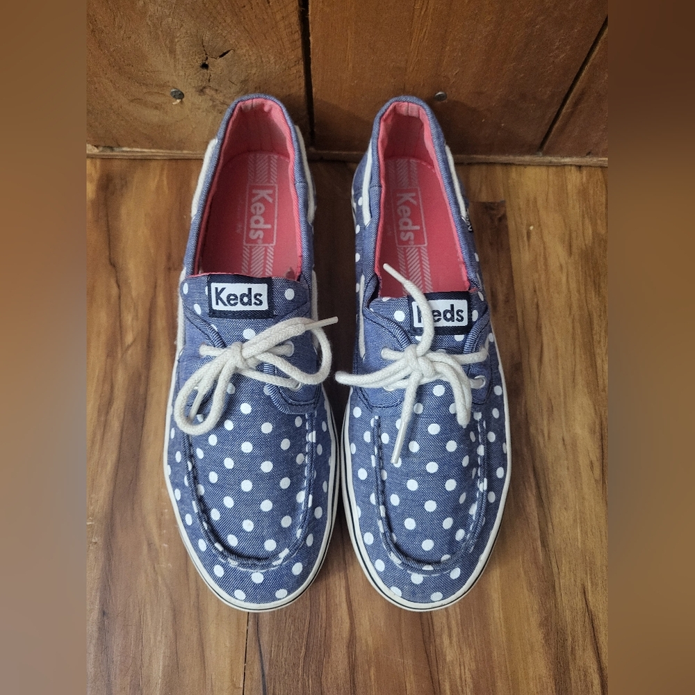 Womens Keds Size 8.5, Blue, White Polka Dots, Slip On, Loafer, Boat Shoes